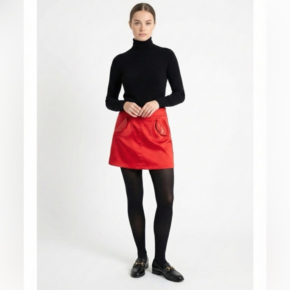 Tatyana Dresses & Skirts - TATYANA Festive Red Poly Blend Satin Faux Leather Pocket Flaps Lined Skirt L